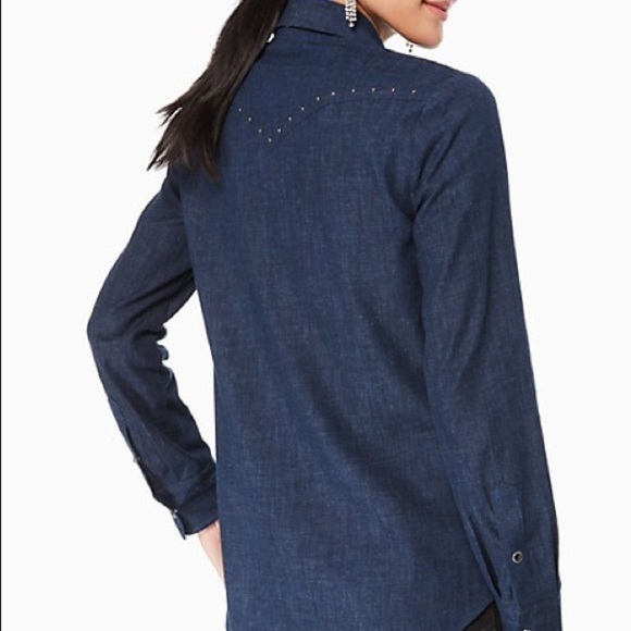 Kate Spade Blue Dark Wash Embroidered Chambray Denim Shirt Size M - Picture 2 of 13
